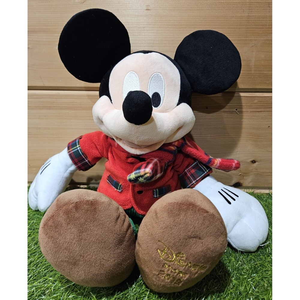 Disney Store 2012 Mickey Mouse Christmas Holiday Plush Red Coat‎ Plaid Scarf 17"